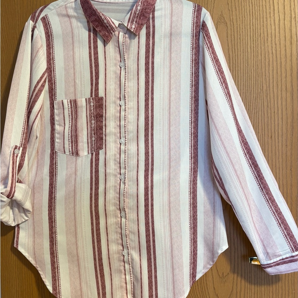 Striped Button-Up Shirt in Burgundy and Cream